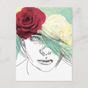Postal Ilustracion de chica de flores de época