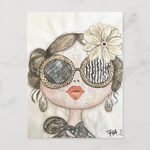 Postal ilustracion de chica fashion con gafas en acuarela