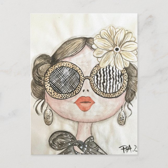 Postal ilustracion de chica fashion con gafas en acuarela (Anverso)