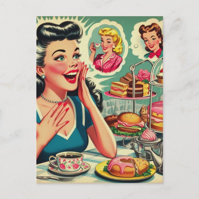 Postal Ilustracion de Chica retro de comida ligera (Anverso)