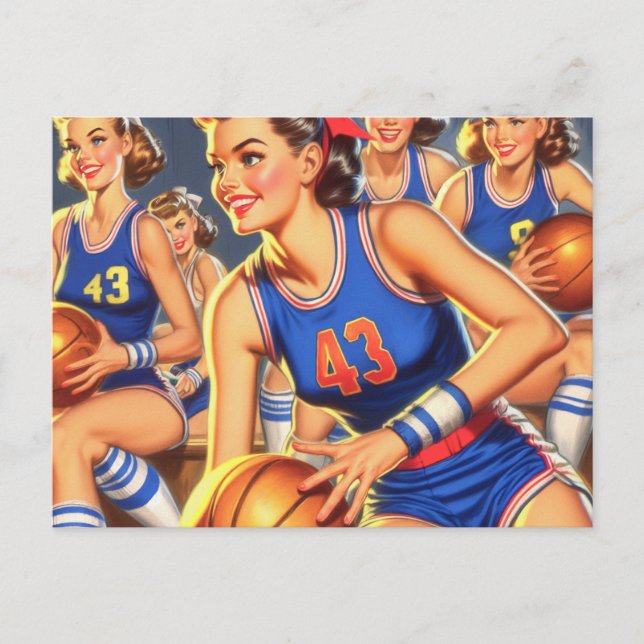 Postal Ilustracion de Chicas de baloncesto de época (Anverso)