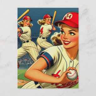 Postal Ilustracion de Chicas de Béisbol de época