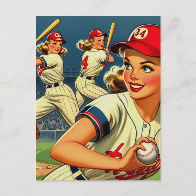 Postal Ilustracion de Chicas de Béisbol de época (Anverso)
