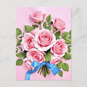 Postal Ilustración de cinta de ramo de rosas rosadas