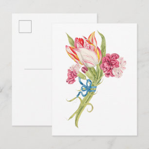 Postal Ilustración de claveles y tulipanes vintage