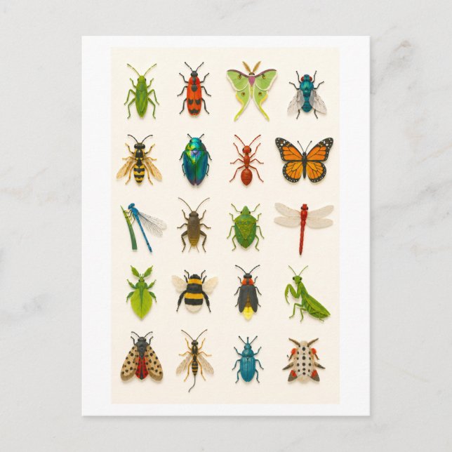 Postal Ilustración de Collage de Insectos (Anverso)
