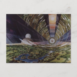 Postal Ilustracion de colonia espacial de época