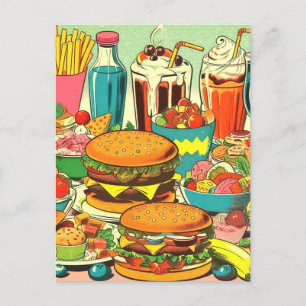 Postal Ilustracion de cómics de comida retro