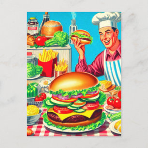Postal Ilustracion de cómics Retro Hamburger