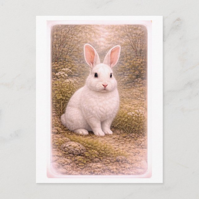 Postal Ilustración de conejo blanco al estilo vintage (Anverso)