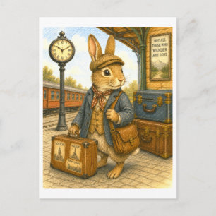 Postal Ilustración de conejo viajero