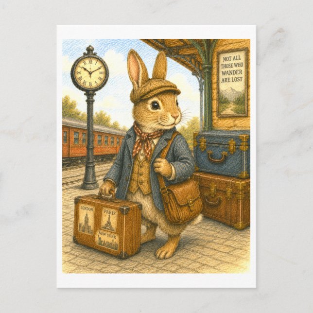Postal Ilustración de conejo viajero (Anverso)