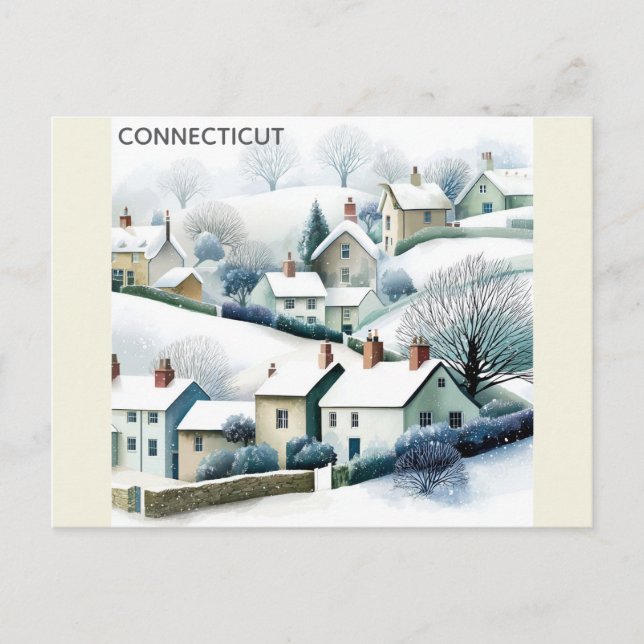 Postal Ilustracion de Connecticut Snowy Winter Village (Anverso)