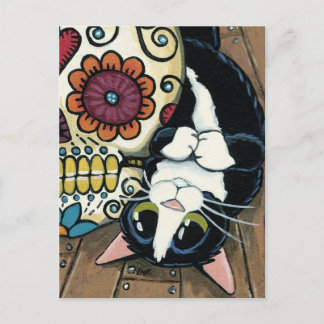 Postal Ilustracion de cráneo de azúcar y gato de Tuxedo