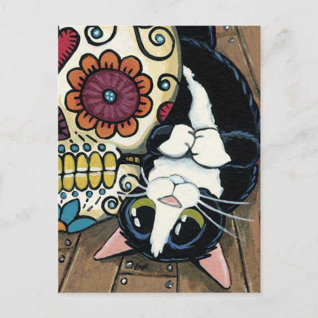 Postal Ilustracion de cráneo de azúcar y gato de Tuxedo (Anverso)