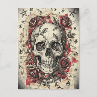 Postal Ilustración de cráneo y rosas de Grunge Punk