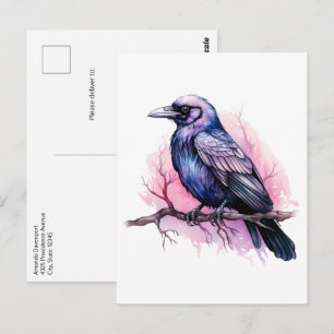 Postal Ilustración de cuervo negro en una rama