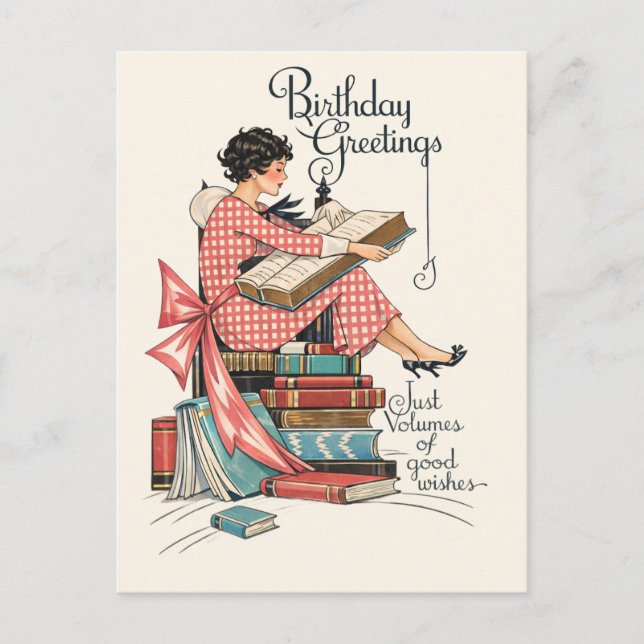 Postal Ilustración de cumpleaños para amante de libros an (Anverso)