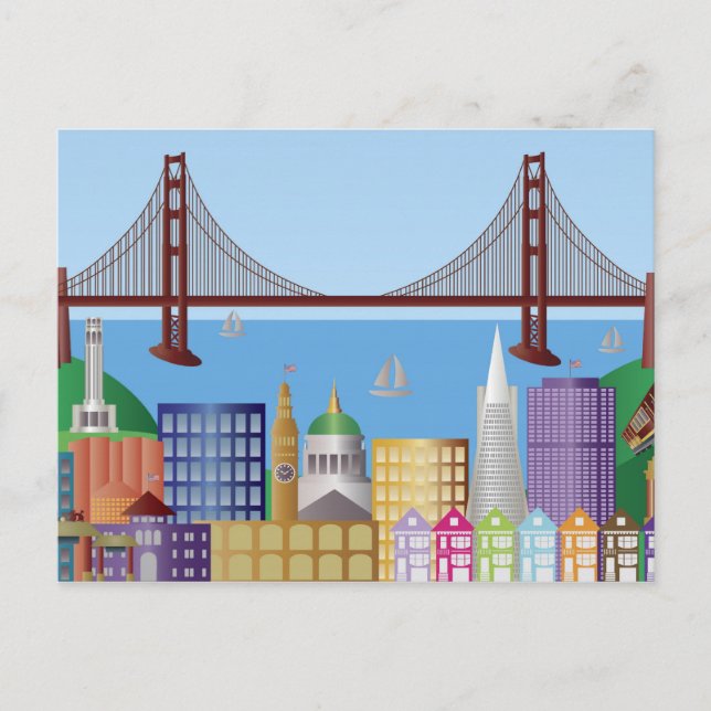 Postal Ilustracion de dibujo de la ciudad de San Francisc (Anverso)