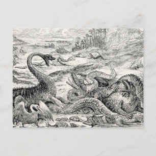 Postal Ilustracion de dinosaurios de la época de 1800 - D
