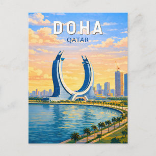 Postal Ilustración de Doha Qatar Arte de Viaje Vintage