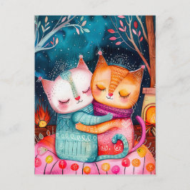 Postal Ilustracion de dos gatos abrazándose en un ambient