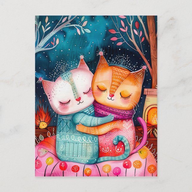 Postal Ilustracion de dos gatos abrazándose en un ambient (Anverso)