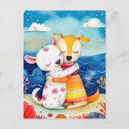 Postal Ilustracion de dos perros jugando en la playa