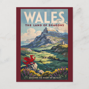 Postal Ilustración de dragón de Gales Arte de viaje vinta