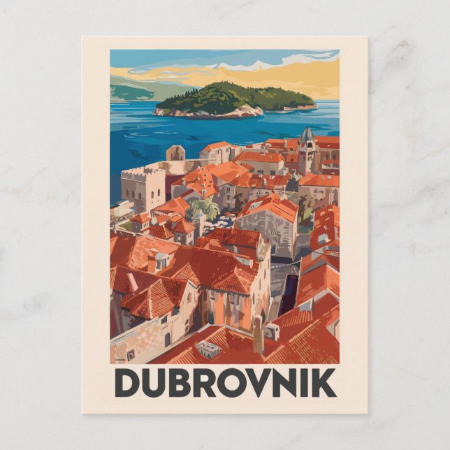 Postal Ilustración de Dubrovnik Croacia Arte de viaje vin (Anverso)