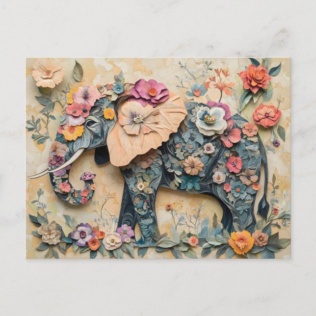 Postal Ilustracion de elefantes florales (Anverso)