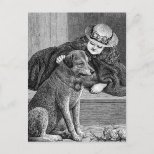 Postal ilustracion de época "Chica y perro"