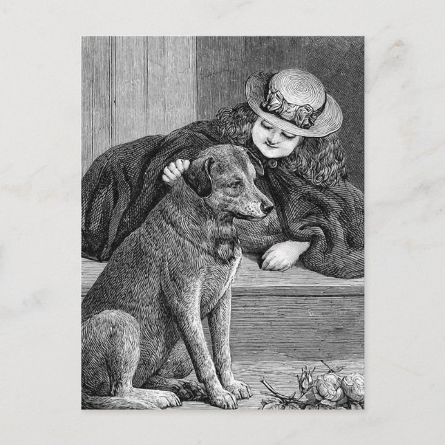 Postal ilustracion de época "Chica y perro" (Anverso)