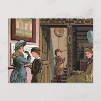 Postal ilustracion de época "En el museo"