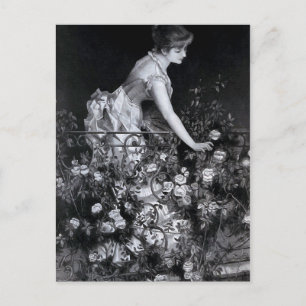 Postal ilustracion de época "Entre los Rosas"