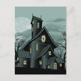 Postal Ilustracion de escena de una casa fantasma asustad