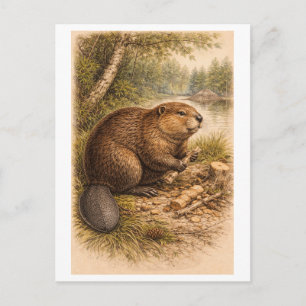 Postal Ilustración de estilo vintage de castor