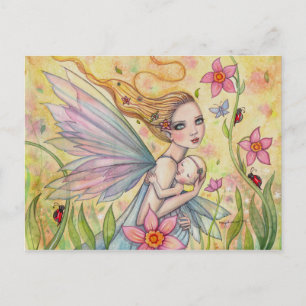 Postal Ilustración de fantasía de madre e hijo hada linda