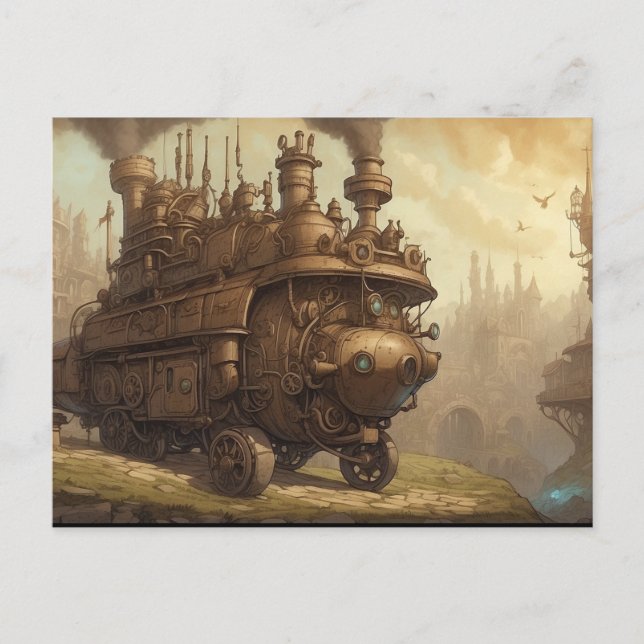 Postal Ilustración de fantasía de motor steampunk vintage (Anverso)