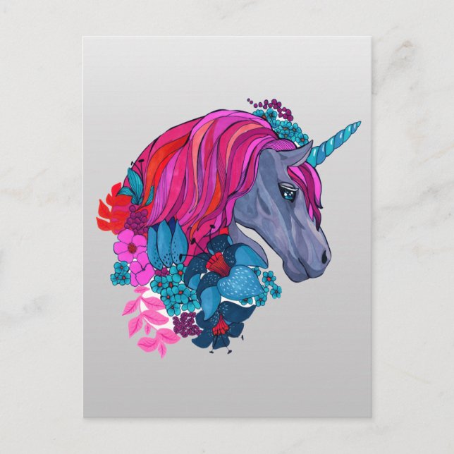 Postal Ilustracion de fantasía de Unicornio Cute Violet (Anverso)