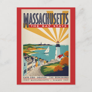 Postal Ilustración de faro de Massachusetts Arte de viaje