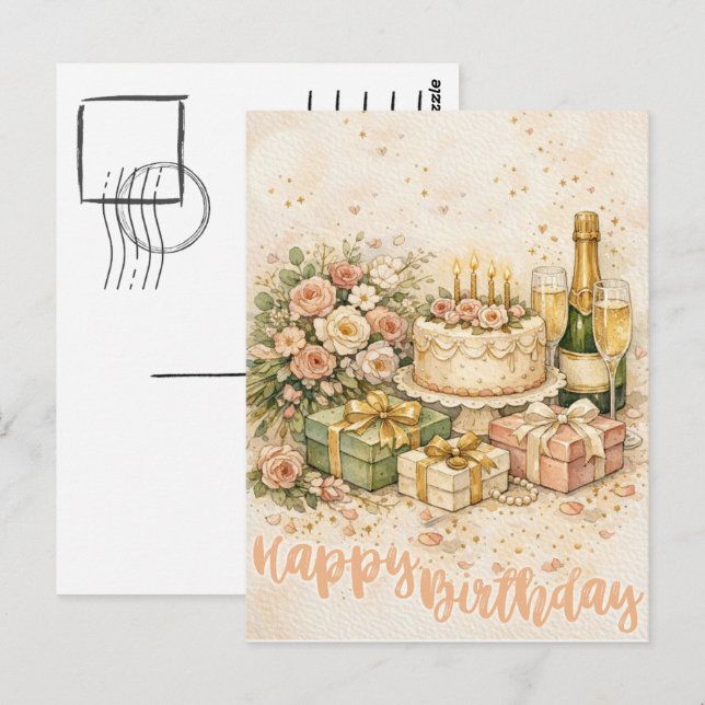 Postal Ilustración de Feliz Cumpleaños con Acuarela Elega (Anverso / Reverso)