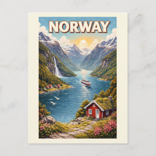 Postal Ilustración de fiordo de Noruega Arte de viaje vin