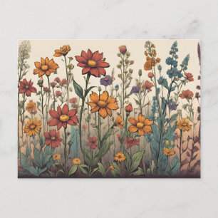 Postal Ilustración de flores silvestres creciendo en el c