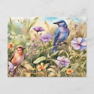 Postal Ilustración de flores silvestres y pájaros en acua