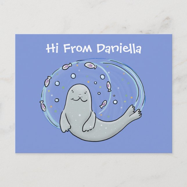 Postal Ilustracion de foca feliz y personalizado azul de  (Anverso)