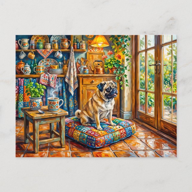 Postal Ilustración de fregonas de ventana de cocina de co (Anverso)