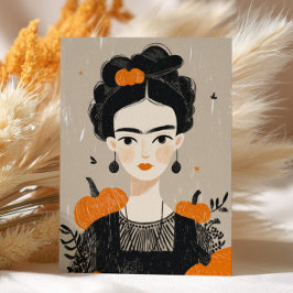 Postal Ilustracion de Frida Kahlo de Otoño Cute Halloween