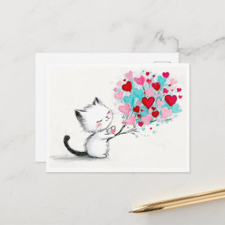 Postal Ilustración de gatito adorable con corazones