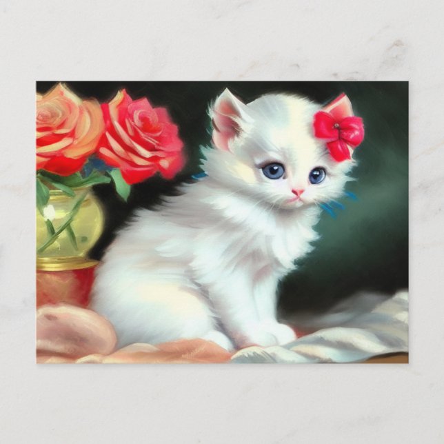 Postal Ilustracion de gatito blanco con flores rojas (Anverso)